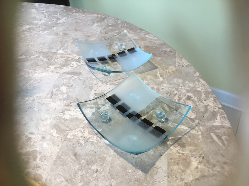 (2) Vintage MCM Art Glass Tray Set: Geometric Concave Design
